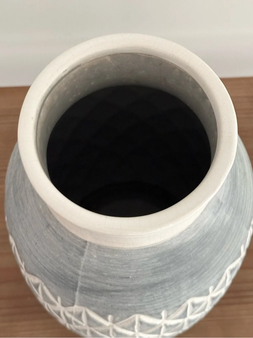 Textured Ceramic Vase in Gray Blue and White Diamond Pattern
